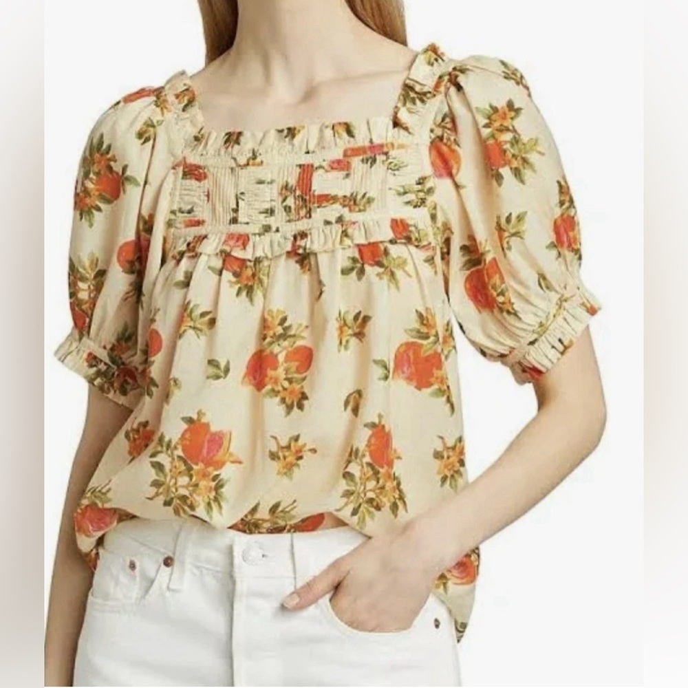 Elie Tahari Beige Orange Print Cotton Blend Short Sleeve Blouse Boho Small New